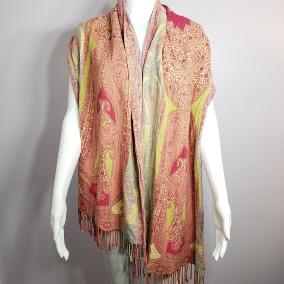 Very Colorful & Versatile Paisley Print 71" x 17" Scarf with 2.5" Tassels - Picture 11 of 16